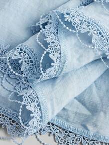 Ontre 青少年女孩褶饰细肩带短款上衣和百褶裙两件套服装，夏季休闲度假百搭套装，蓝色百褶裙，无袖花卉饰边上衣 - 淺藍色 - 查看 7