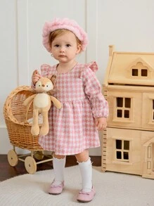 SHEIN A Pink, Sweet, Fashionable And Cute Long-Sleeved Zipped Round-Neck Plaid Dress For Baby Girls And A Pink Arctic Wool Hat As Accessories Are Essential For Daily Wear - Pink - View 6