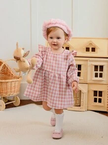 SHEIN A Pink, Sweet, Fashionable And Cute Long-Sleeved Zipped Round-Neck Plaid Dress For Baby Girls And A Pink Arctic Wool Hat As Accessories Are Essential For Daily Wear - Pink - View 7