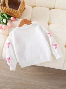 Souflis Souflis Young Girl 1 Piece Sweet Bow-Embroidered Cardigan , Pink & White V-Neck Puff Sleeve Open Front Lightweight Cropped Cardigan For School & Weekend Outings, Spring/Fall - White - View 2