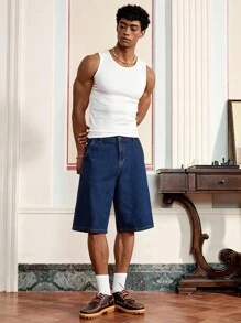 SWAVVY 男士刺绣设计宽松阔腿休闲牛仔短裤 - 深色水洗藍 - 查看 5