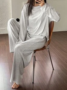 DAZY Simple Solid Color Knit Women Lounge Set, Fall Winter Clothes, Cozy Outfits - Grey - View 5
