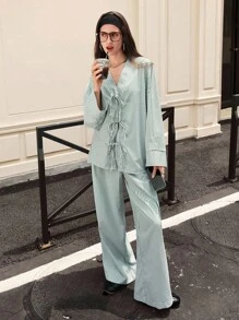Chiquease 2 pièces Ensemble pour femme : Top à ceinture large et pantalon à jambes larges à taille élastique - Vert - Voir 3