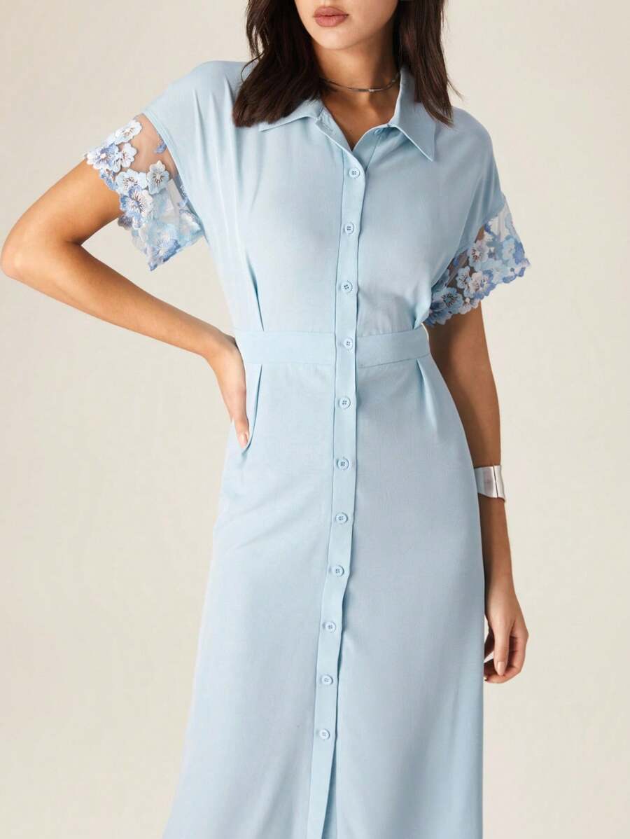 Modelyn 柔和的蓝色中长连衣裙,带有荷叶边袖口,优雅的女性风格 - 霧霾藍 - 查看 1