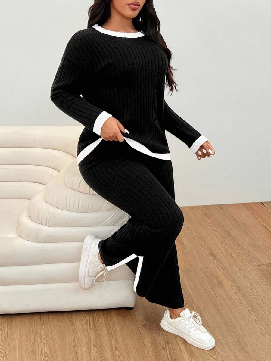 SHEIN EZwear Ensemble deux pièces en tricot ample et décontracté,Topt à manches longues et pantalon large. Ensemble deux pièces confortable en tricot côtelé pour femmes, tenue automne-hiver - Noir - Voir 1