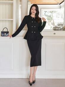 DAZY 纯色修身长袖腰部收紧双排扣喇叭袖口金属装饰优雅复古女式衬衫，秋冬 - 黑色 - 查看 3