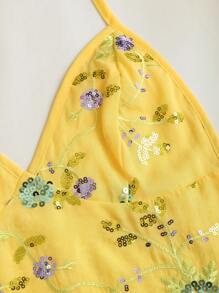 SHEIN Unity 棕色亮片刺绣性感V领露背吊带背心，棕色亮片性感低腰迷你裙，女式两件套，适合春夏秋季 - 淡黃色 - 查看 5