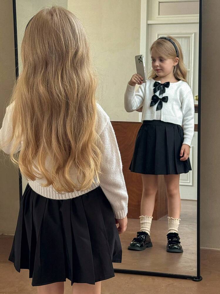 SHEIN Young Girl Bowknot Cardigan With Round Neck, Casual For Daily Wear, Autumn/Winter,Long Sleeve Tops, Elegant & Cute, High Quality, Warm & Soft, Versatile For Play, Daily Wear, School, Autumn & Winter,Pairing White Shirt,Back To School Season.College Style, Fall - White - View 7