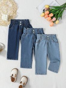 SHEIN Vintaside Kids 女婴深蓝、中蓝、浅蓝牛仔弹力紧身裤三件套，春夏休闲度假乡村波西米亚风三件套，女婴休闲可爱水洗蓝色直筒牛仔裤，纯色牛仔裤，柔软弹力贴合，休闲风格，三种水洗颜色可选，长款牛仔裤，多色可选，舒适时尚，适合日常秋冬穿着。 - 彩色 - 查看 4