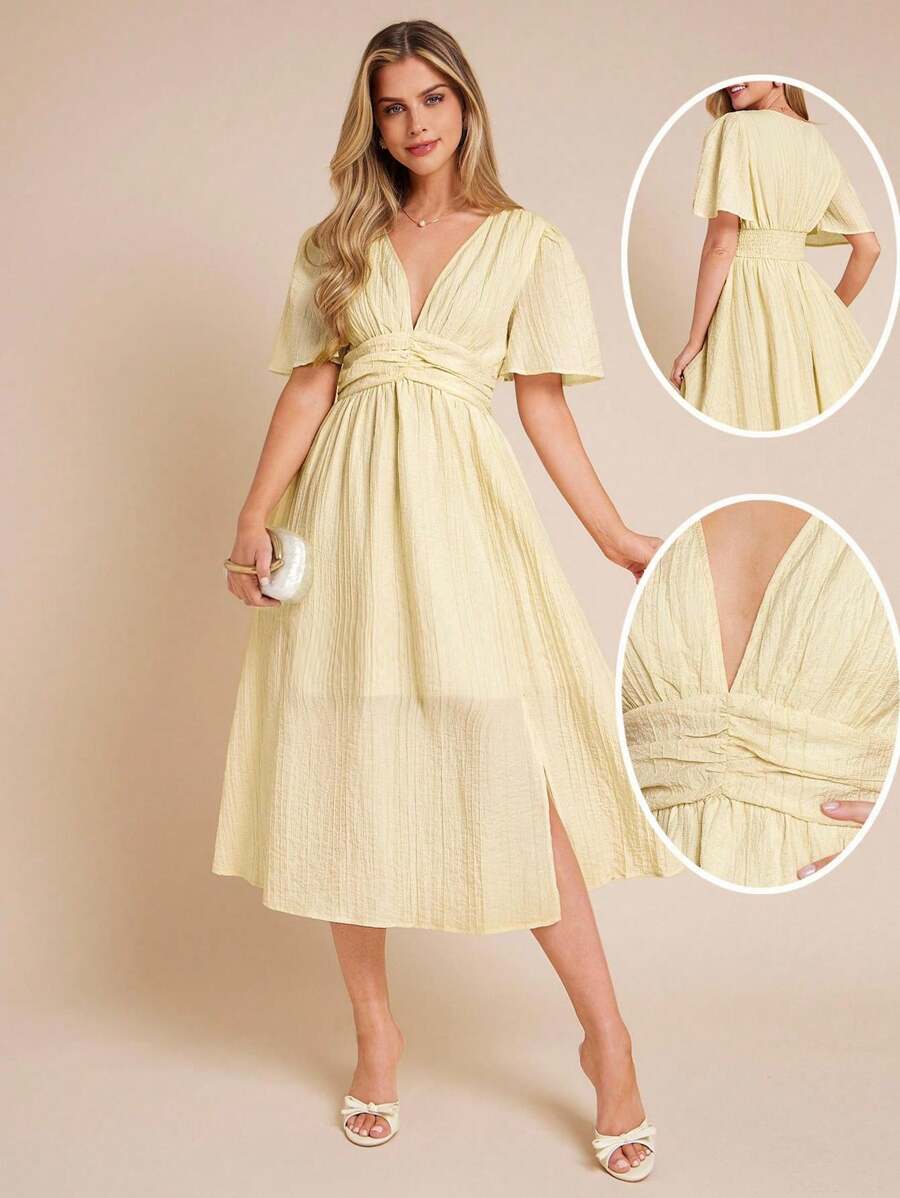 Amorya 女士新款时尚优雅V领收腰开衩连衣裙，修身，中长款，高端淡黄色，夏季休闲/度假装 - 黃色 - 查看 1