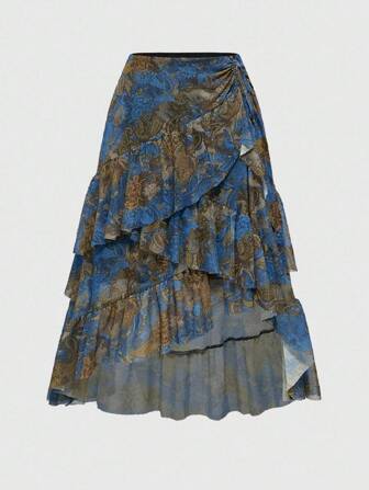 Hippie Gonna casual da vacanza bohémien con stampa paisley e volant, taglie comode