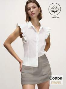 INAWLY Women's Casual Solid Color Cotton Cap Sleeve Blouse, Summer - White - View 1