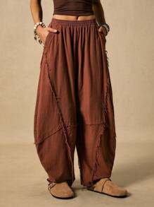 Easelle Vintage Western Boho Casual Retro Brown Curved Blade Design Women's Pants Edge Cutting Design  Fall Women Winter Clothes - Coffee Brown - View 8