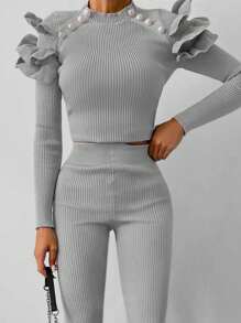 Ruffle Trim Ribbed Knit Sweater & Knit Pants - Light Grey - View 4