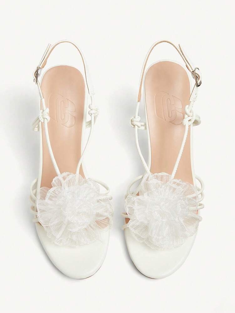 CUCCOO CHICEST Women's Floral Strappy Criss-Cross Round Toe Stiletto High Heel Sandals, Elegant Sweet Romantic Sexy White Faux Leather Dress Shoes, Suitable For Wedding, Party, Beach, Vacation