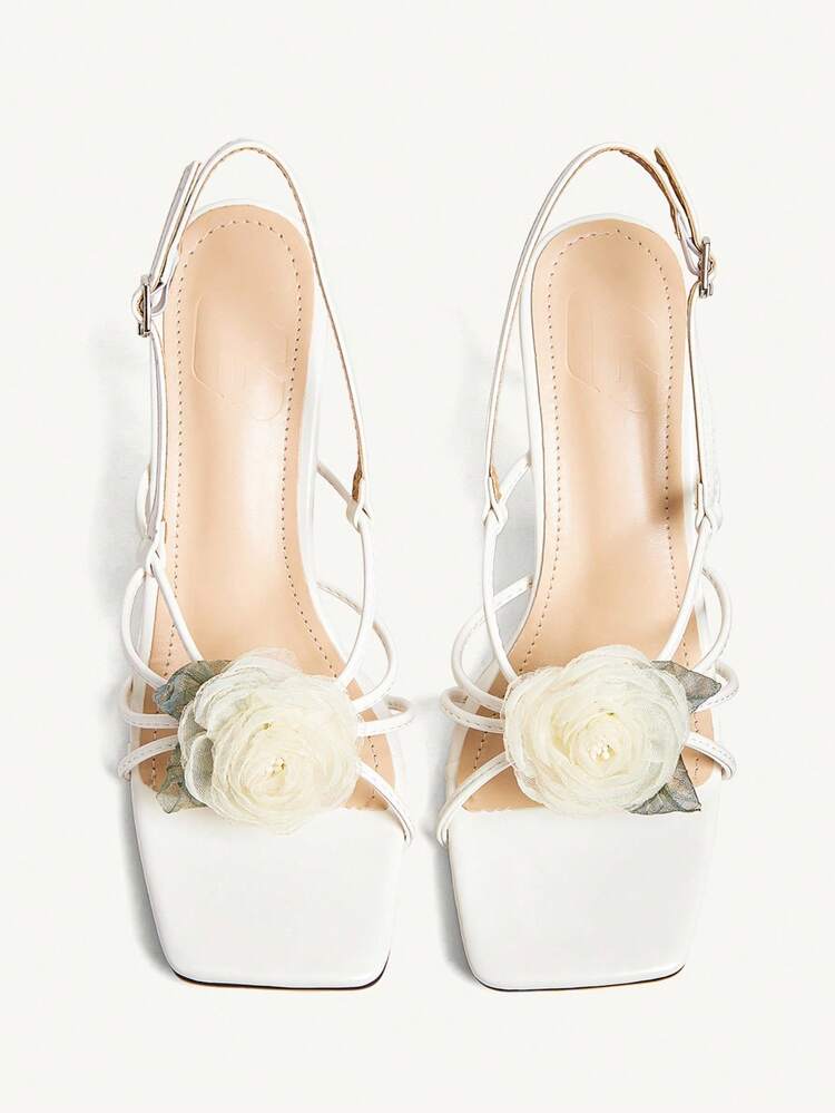 CUCCOO CHICEST Women's Rose Flower Decor Strappy High Heel Sandals, Elegant Sweet Romantic Sexy Fashion, White Faux Leather, Suitable For Dress, Wedding, Party, Date, Vacation
