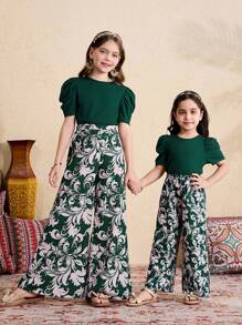 SHEIN 2pcs Tween Girl Crew Neck Puff Sleeve Cropped Top & Wide Leg Pants Set - Dark Green - View 3