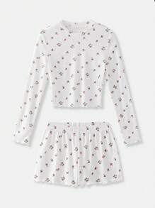 lacRébo 柔软罗纹针织复古花卉印花长袖家居服上衣搭配宽松松紧腰短裤秋冬秋季服装