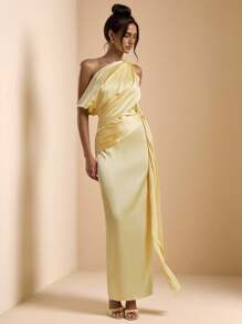 SHEIN BAE Solid Color Asymmetric Asymmetrical Neck Elegant Long Satin Dress For Women, Yellow Dress, Suitable For Vacation, Birthday, Brunch, Wedding Guest, Bridesmaid, Spring/Summer,Butter Yellow Dress Party Dresses For Women - Yellow - View 3