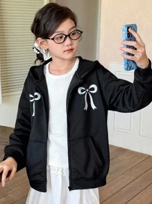 SHEIN Genkimix Kids 少女蝴蝶结印花拉链卫衣，秋冬季时尚之选 - 黑色 - 查看 1