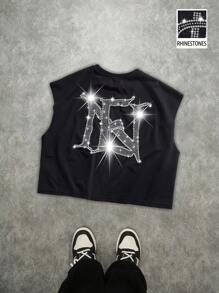 Manfinity ZONE917 Camiseta de tirantes de estilo casual y urbano con logo de marca y cristales, color negro
