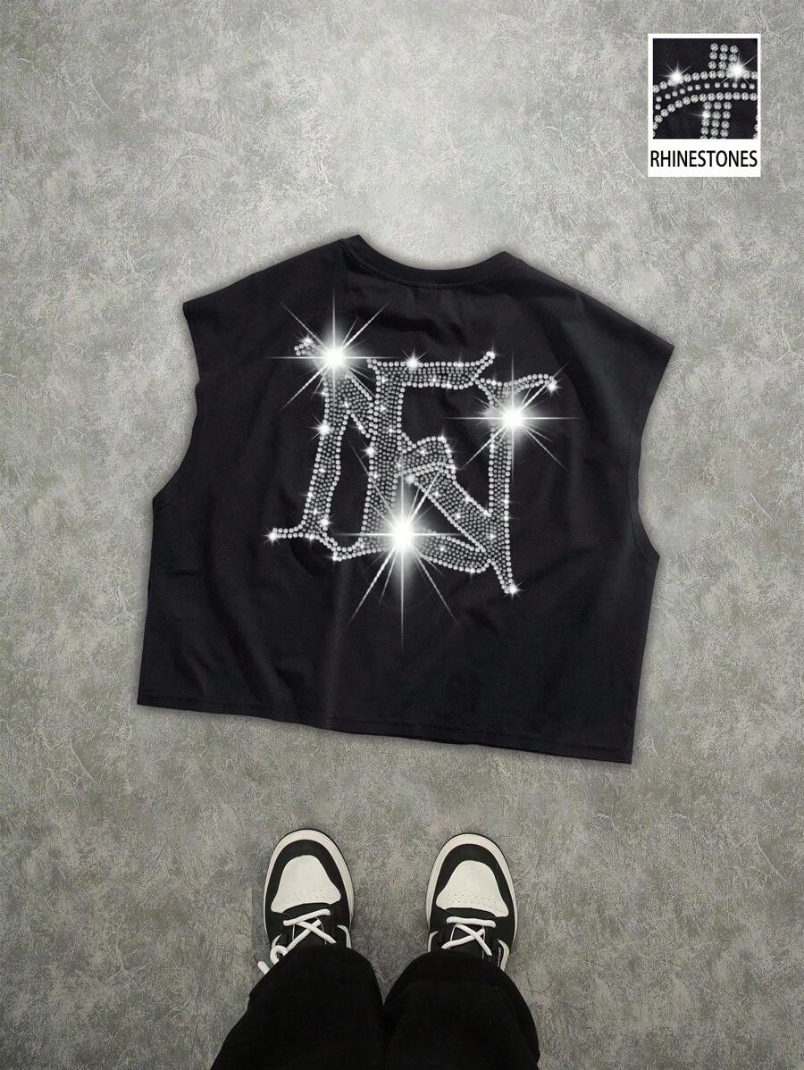 Manfinity ZONE917 Camiseta de tirantes de estilo casual y urbano con logo de marca y cristales, color negro
