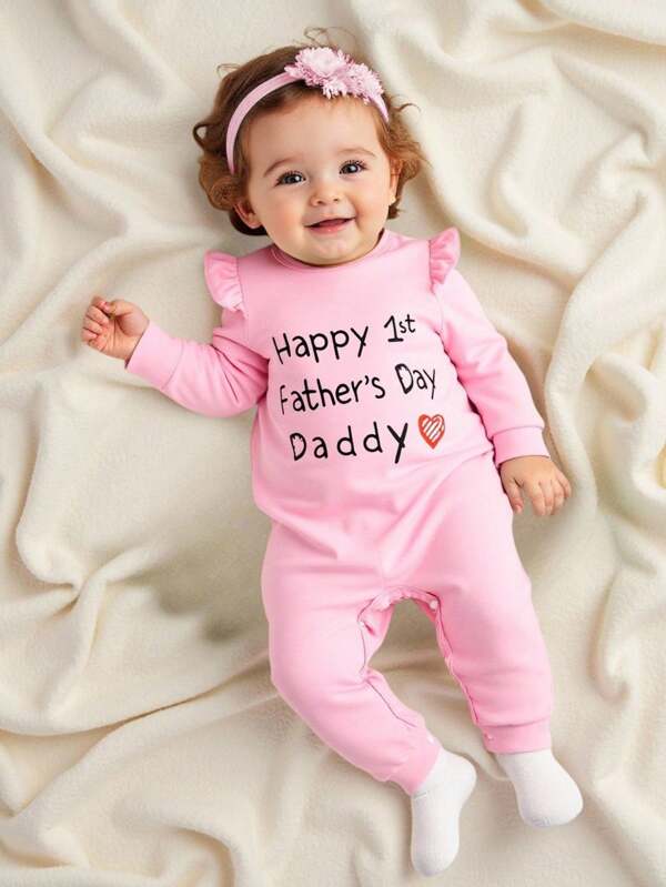 SHEIN Playful Pals Newborn Spring & Autumn Fashion Cute Casual Simple Pink Long Sleeve Jumpsuit, Chest Print, Suitable For Father's Day, Daily & Holiday Shooting I Love Daddy Baby Girl Outfit Baby Sweatshirt Romper