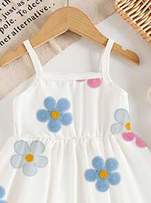 SHEIN Playful Pals 女婴彩色花卉针织可爱舒适无袖白色连衣裙，夏季 - 彩色 - 查看 4