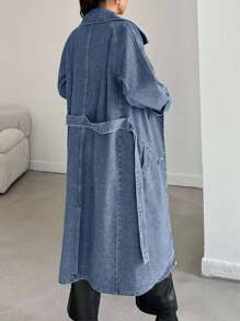 EURMUSE 100% Cotton Women's Lapel Belted Pocket Button Denim Jacket Coat - Light Wash - View 2