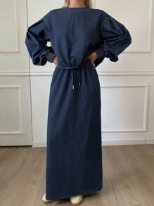 DAZY Bộ 2 món áo cánh rộng cổ tròn màu trơn và chân váy denim cho nữ, mùa thu - Rửa trung bình - Xem 6