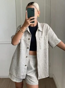 DAZY 2件套女士夏季休闲条纹衬衫和短裤套装 - 米色 - 查看 5