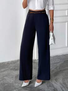 EURMUSE Calça feminina de perna larga com cinto e detalhes em cor sólida - Azul marinho - Ver 7