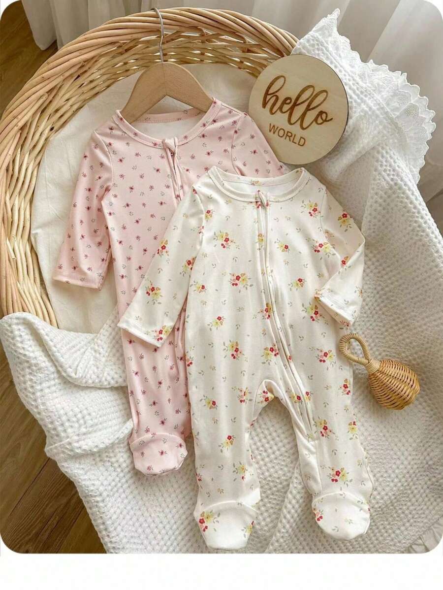 Conjunto de 2 piezas para bebé niña: Mono de manga larga con cremallera al frente, cuello redondo, suave y amigable con la piel, con estampado floral minimalista - Multicolor - Ver 1