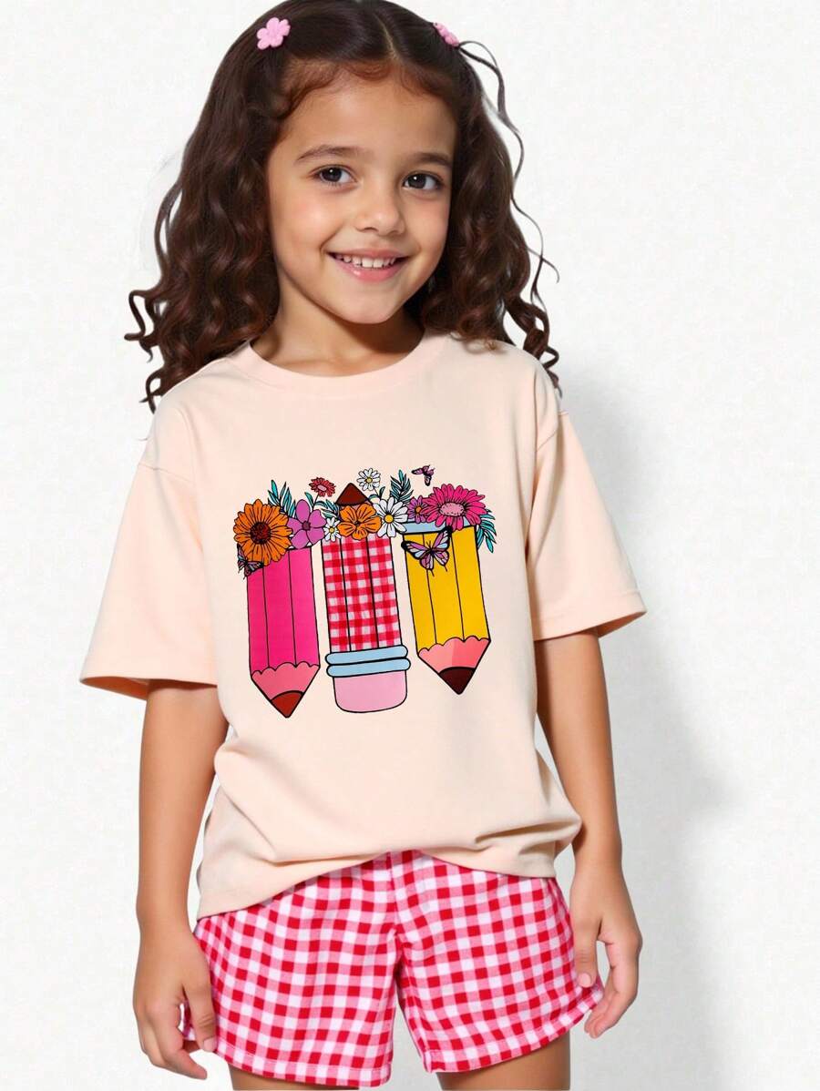 年轻女孩花卉印花宽松圆领短袖休闲T恤，夏季