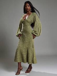 NYA SZN Dress Long Sleeve Deep Plunge Textured Special Occasion Wedding Guest Bridal Event Modest Church Old Money Party Night Out Fall Winter Midi Maxi Dresses Statement Valentines Day St. Patricks Outfits For Women - Green - View 3