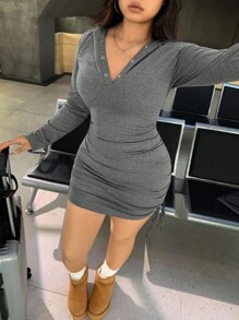 SHEIN EZwear Vestido ajustado con capucha gris casual de talla grande - Gris - Ver 4