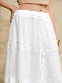 SHEIN LUNE Women's White Elegant Summer Chiffon Pleated Lace Maxi Skirt,Boho Flowy Wedding Guest Skirt,Holiday Resort Wear,Old Money Style Tea Party Nashville - White - View 2