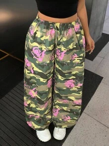 SHEIN EZwear 大码迷彩玫瑰印花宽松裤 - 彩色 - 查看 3