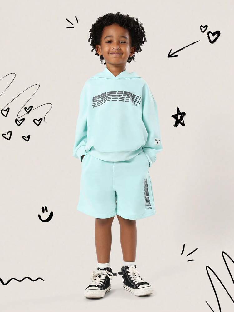 Graphic Print Hooded Sweatshirt And Matching Shorts Set
