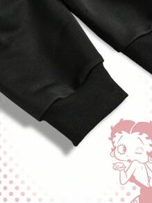 Betty Boop | ROMWE 大码休闲日常美国国旗和卡通人物图案不对称领口运动衫 - 黑色 - 查看 4