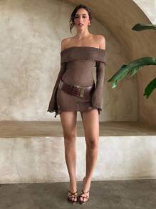Aloruh Vestido de suéter ajustado con hombros descubiertos, cuello con volantes y mangas acampanadas, para mujer, para primavera/verano y otoño/invierno - Café integral - Ver 1