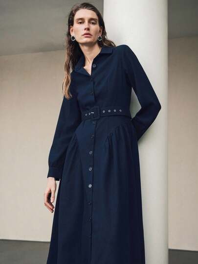 Uhlyne 女士休闲翻领纽扣半开下摆系带长袖连衣裙，适合初秋通勤、日常穿着和社交场合