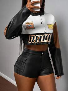 Slaydiva Chaqueta corta de carreras de mujer con cuello redondo, manga larga y estilo casual de motocicleta para otoño e invierno - Multicolor - Ver 10