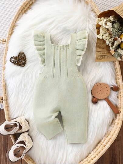 SHEIN Baby Girls' Comfortable Blue Bib Pants, Fashionable And Cute Casual Elegant Outfit Suitable For Home, Daily Wear, And Travel, Autumn/Winter,Plain Green Casual Baby With Ruffle Details And Flounce Sleeves Fall