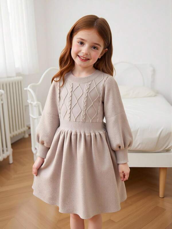 Young Girls Warm Apricot Cable Knit Sweater Dress, Versatile Soft Round Neck Long Sleeve Knitted Dress, Cozy Casual For Daily Wear Spring, Autumn And Winter Fall