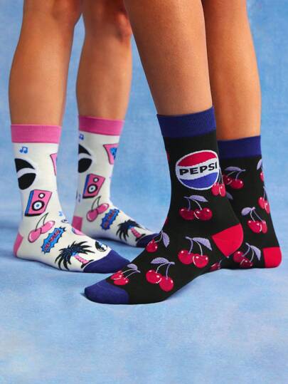 PEPSI X SHEIN 2 Pairs Soft & Breathable Moisture-Wicking Casual Women Crew Socks Fashionable And Cute Cherry Black Crew Socks Reinforced Toe & Heel For Durability All Season All-Match Summer Winter