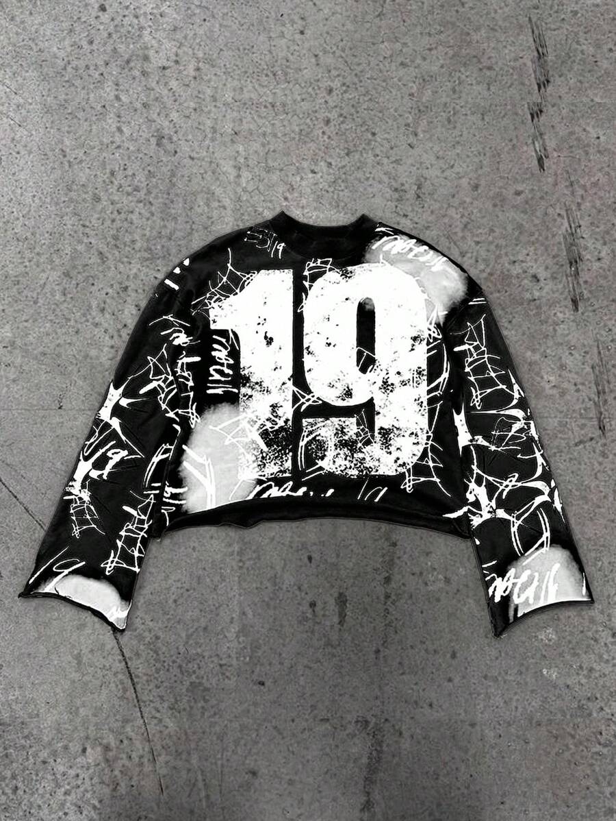 Manfinity Dauomo Sudadera holgada de cuello redondo con estampado numérico para hombre, estilo Y2K, otoño - Negro - Ver 1