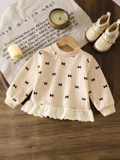 SHEIN Vintaside Kids 女婴时尚刺绣荷叶边下摆蝴蝶结印花运动衫