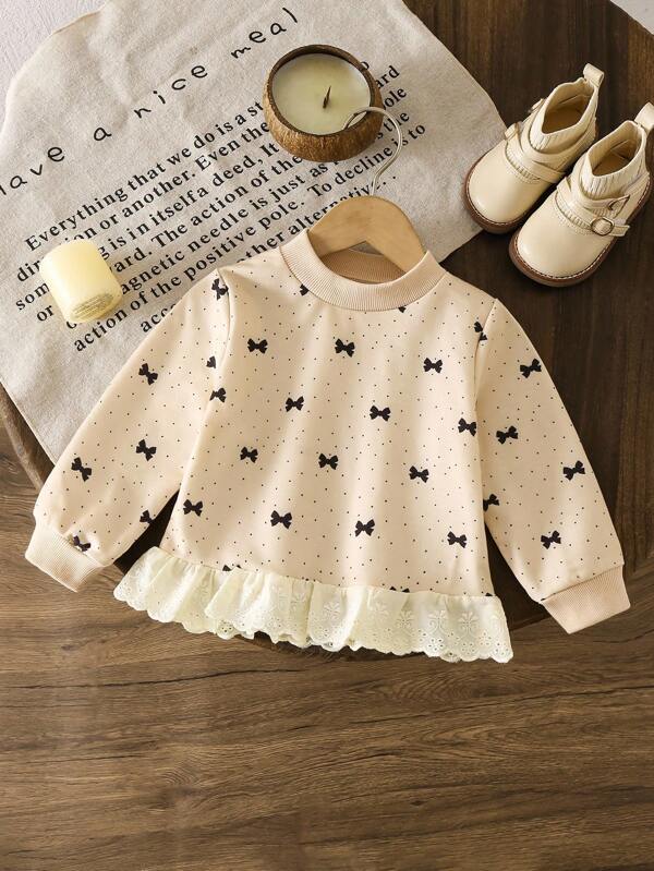 SHEIN Vintaside Kids Sweat-shirt bébé fille à volants avec nœud et imprimé
