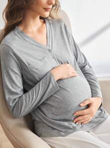 Moonlight&Mama Maternity Solid Color Button Half-Placket Long Sleeve Nursing Functional Homewear Top - Grey - View 4